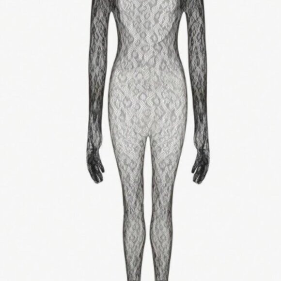 Black Leopard Pattern Long-Sleeve Full Body Fishnet Bodysuit - Picture 5 of 10